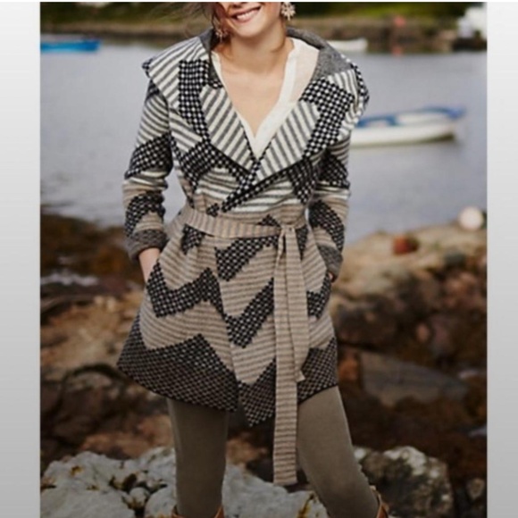 Anthropologie Wool Cardigan XS Field Flower Hood Open Belt Pockets Neutral Boho - Picture 1 of 13
